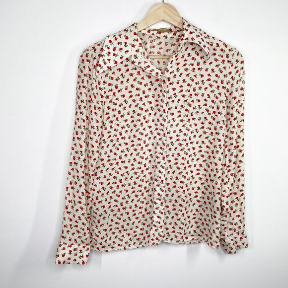 Michael Kors Collection Womens Red Floral Button Down Blouse Silk Size 2 Career - Picture 1 of 6